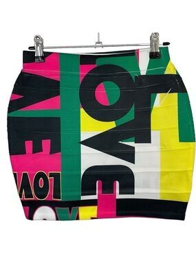 San Julian Bandage Mini Skirt Womens M Pink Green Love Tight Painted Design NWOT